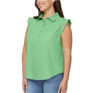 LOFT Green Sleeveless Blouse Women's Size XXL Cotton Lyocell Ruffle Popover NEW
